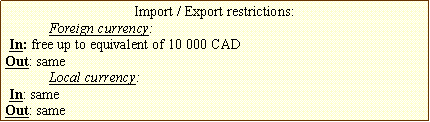 Text Box: Import / Export restrictions:	Foreign currency:  In: free up to equivalent of 10 000 CAD Out: same	Local currency:  In: same Out: same