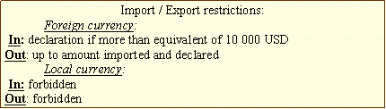 Text Box: Import / Export restrictions:	Foreign currency:  In: declaration if more than equivalent of 10 000 USD Out: up to amount imported and declared	Local currency:  In: forbidden Out: forbidden
